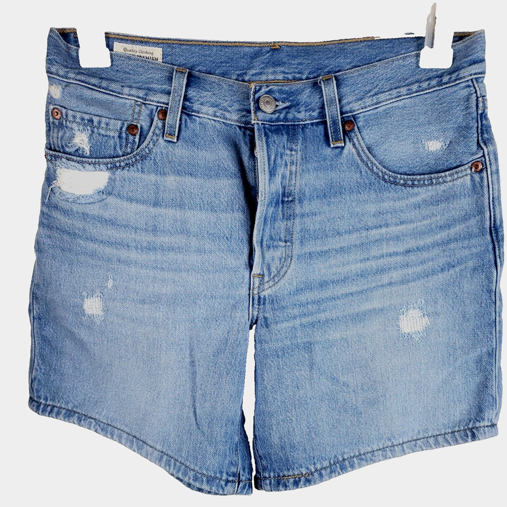 Levis 501 Jean Shorts Womens Size 27X6 Blue Big E Distressed Premium Button Fly